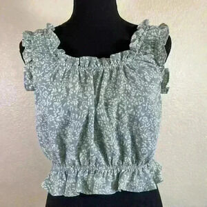 Storia green white floral smocked shirred ruffle cropped top women size medium